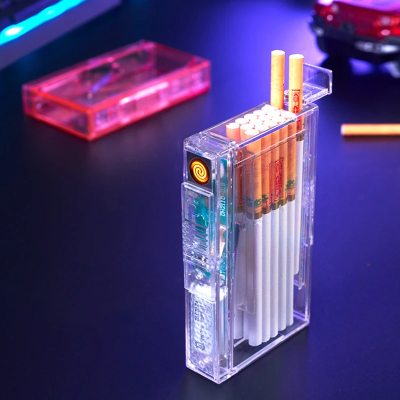 The New Transparent Cigarette Case with Tungsten Cigarette Lighter Automatic Ejection Fine Smoke 20 Sticks Best-selling Lighter