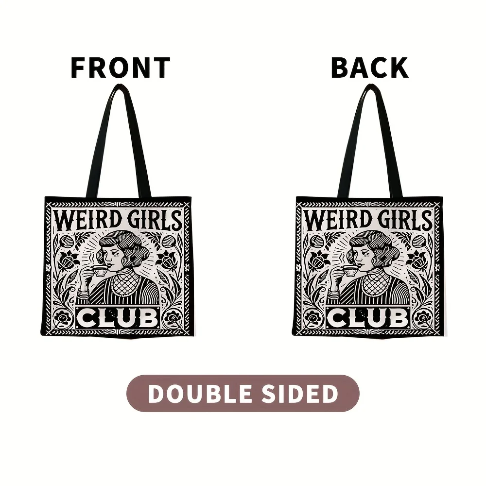 1pc Weird Girls Club Tote Bag Stylish Black & White Floral Design Daily Casual Use Shoulder Bag Christmas Gift for Best Friends