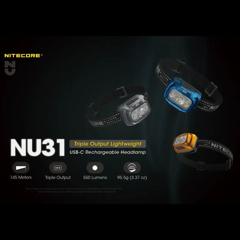 NITECORE NU31 USB-C 충전식 헤드램프, 러닝 낚시 트레킹 헤드라이트 랜턴 손전등, 리튬 이온 배터리 내장, 550 루멘