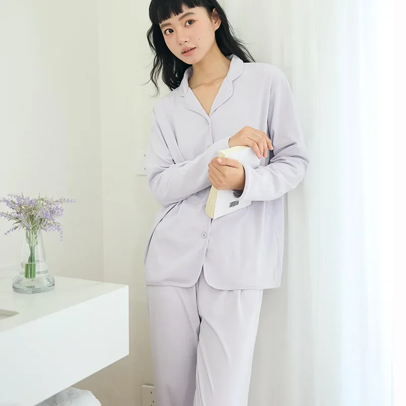 Women's Homewear Autumn Winter Solid Color Set Loose Button Turn-down Collar Sleeve Top Casual Long Pants Soft Outerwear Pajamas view 4