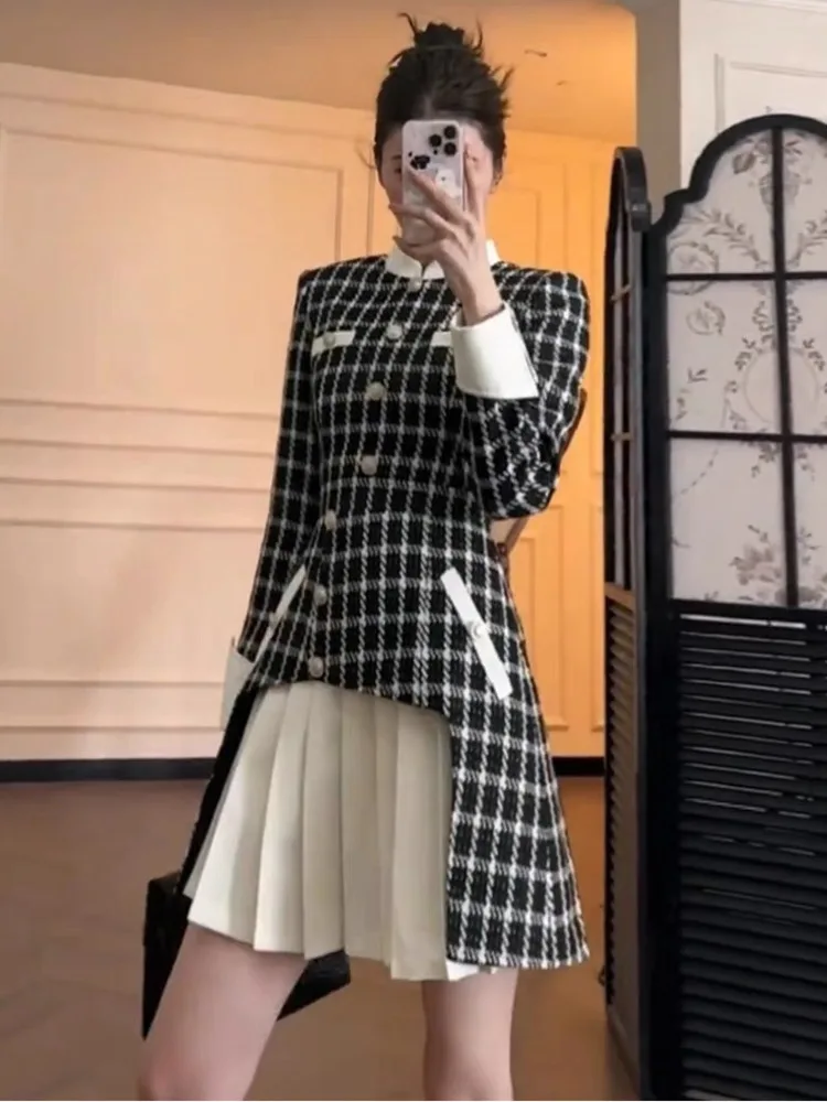 Fashion Design Tweed Dress Women Autumn Winter New Chic French Style Hepburn Western Style Slim Fit Plaid Pleated High End Dress