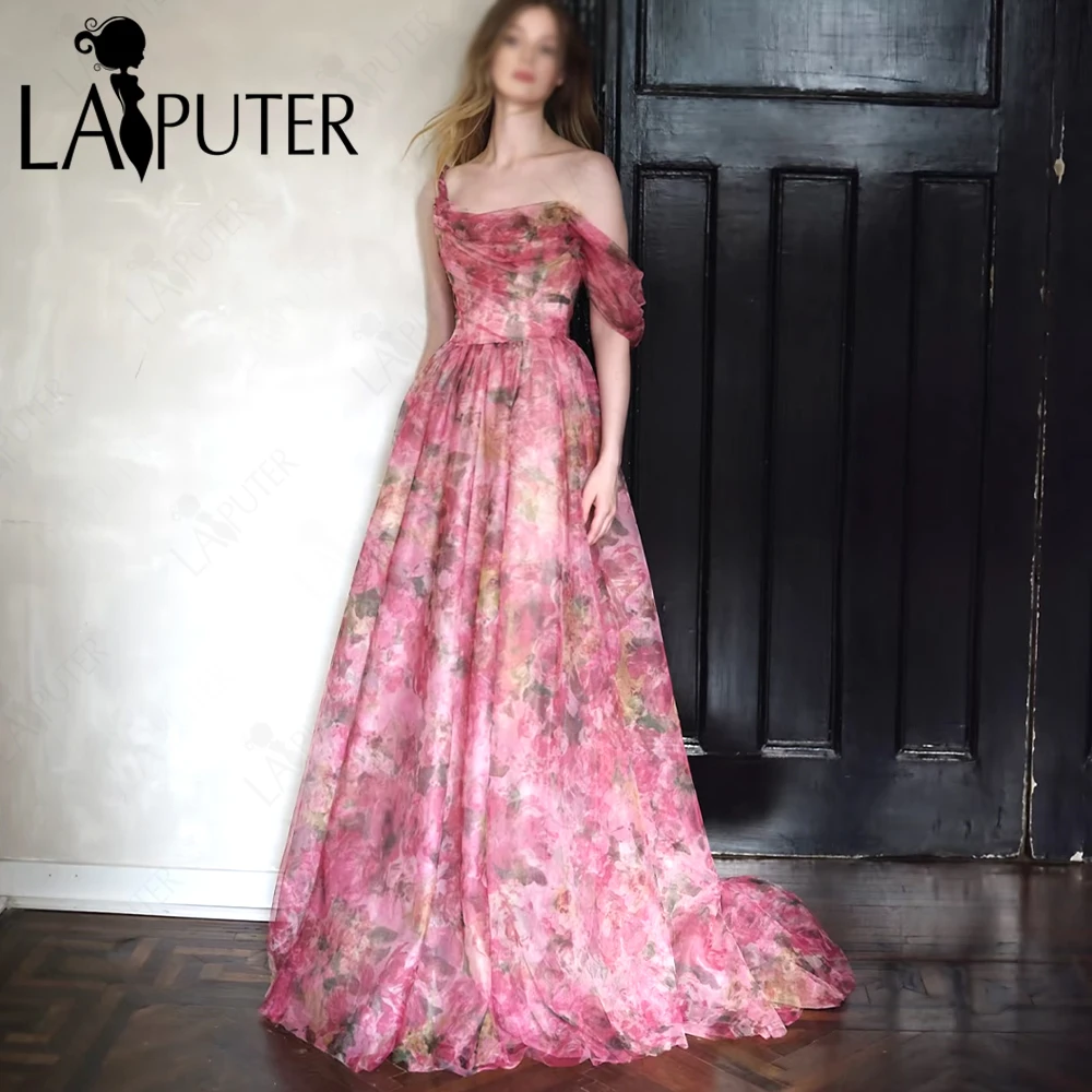 

Розовое платье для выпускного вечера из органзы с цветочным принтом, вечернее платье трапециевидной формы с открытыми плечами и рюшами, плиссированное вечернее платье трапециевидной формы для девочек-феи, 2025 г.