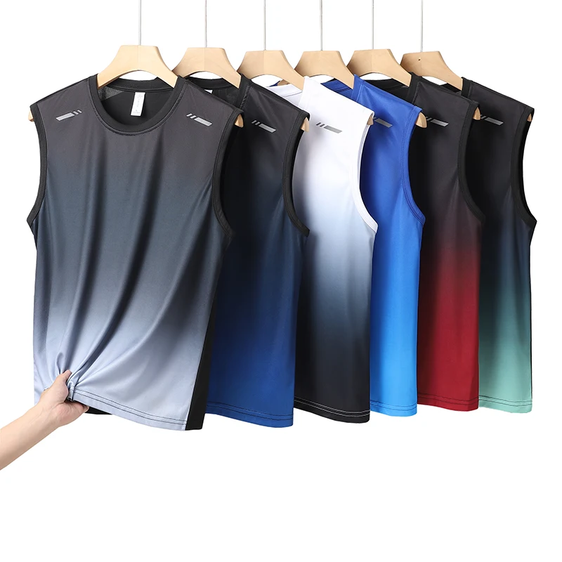Men's Summer Ice Silk Quick Dry Thin Sports Vest Gradient Trendy All-Match Outdoor Running Casual Sleeveless Top