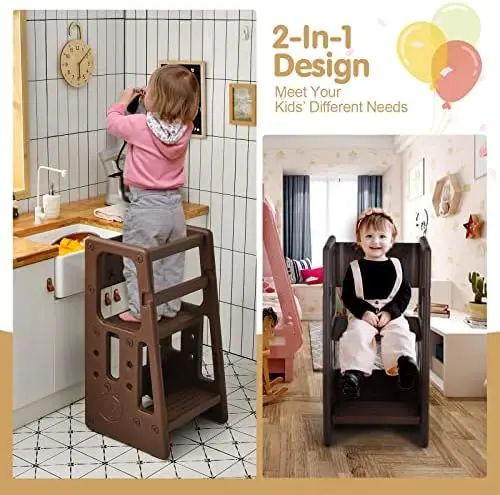 Kitchen Step Stool with Double Safety Rails, Toddler Learning Stool with 3 Adjustable Heights and Non-Slip Foot Pads, Toddler To