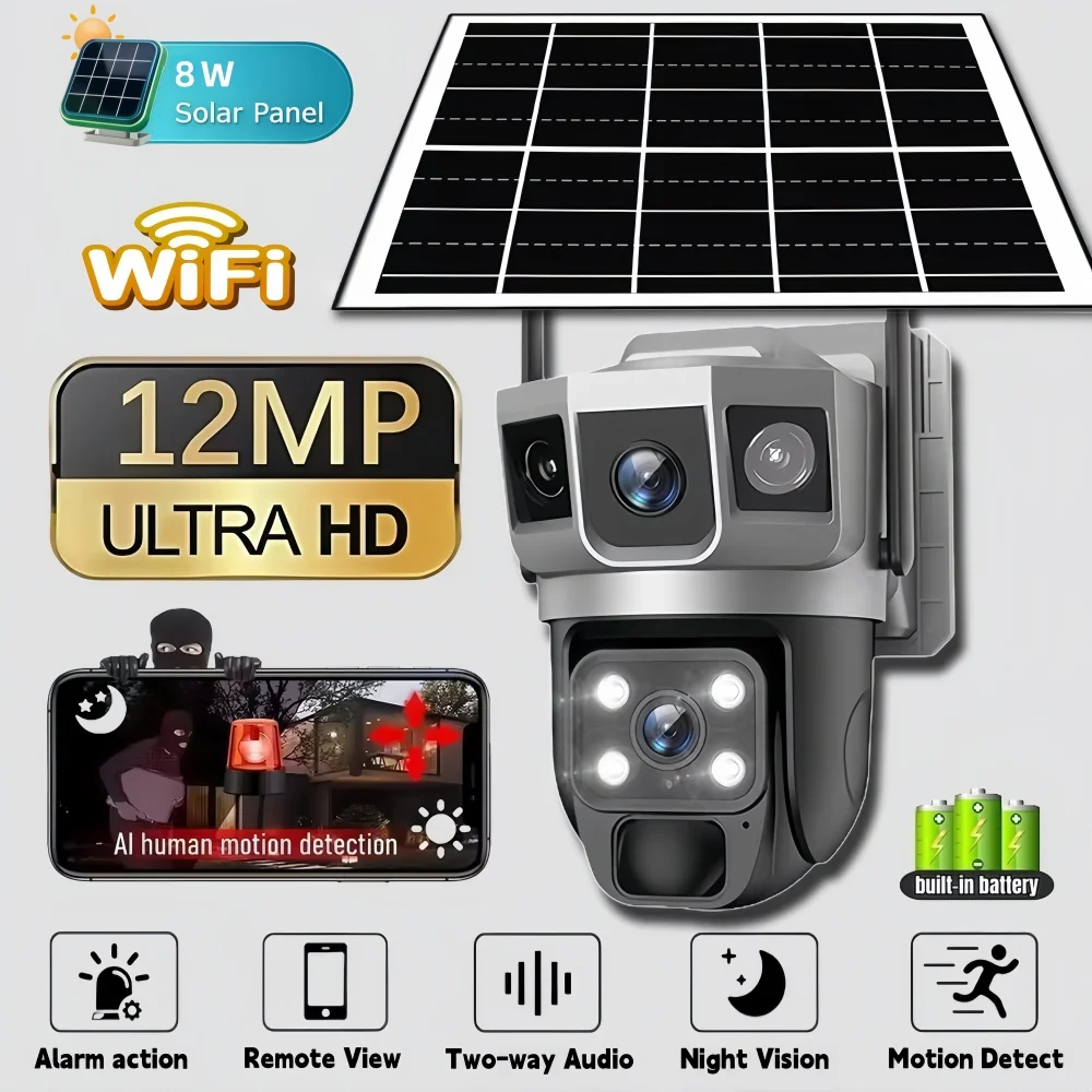 

WIFI IP Camera Outdoor Solar Surveillance Camera 12MP HD 3 Screen Home Monitor PIR Auto Tracking Smart Home Security CCTV Camera