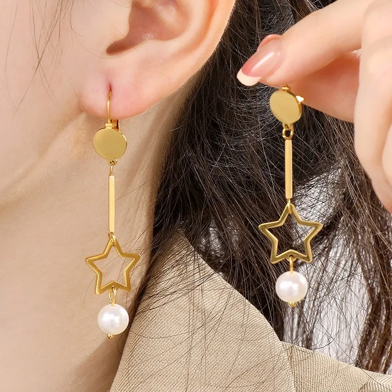 Imitation Pearl Long Earrings for Women Stainless Steel Star Shell Beads for Women Muticolor Engagement Wedding Jewelry