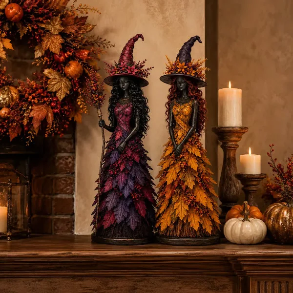New Resin Craft Halloween Four Color Autumn Leaves Witch Figure Window Display Desktop Atmosphere