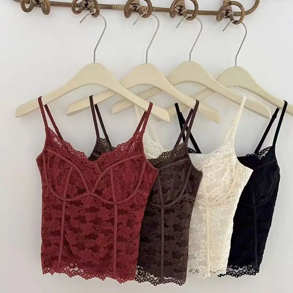

Chic Mesh Flower Slim Lace Crop Top Bottoming Shirt V Neck Girl's Vest Top Sweet Spicy Girls Style Camisole with Pads Lady
