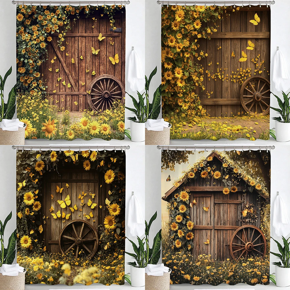 

Country Sunflower Flowers Wooden House Cabin Print Waterproof Shower Curtain Hanging Curtain With Hooks Home Decoration Curtain