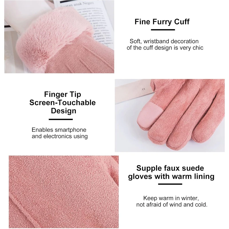 Gants de cyclisme en cuir suédé pour femme, mitaines épaisses, velours chaud, peluche, extérieur, écran tactile, conduite, femme, hiver, automne