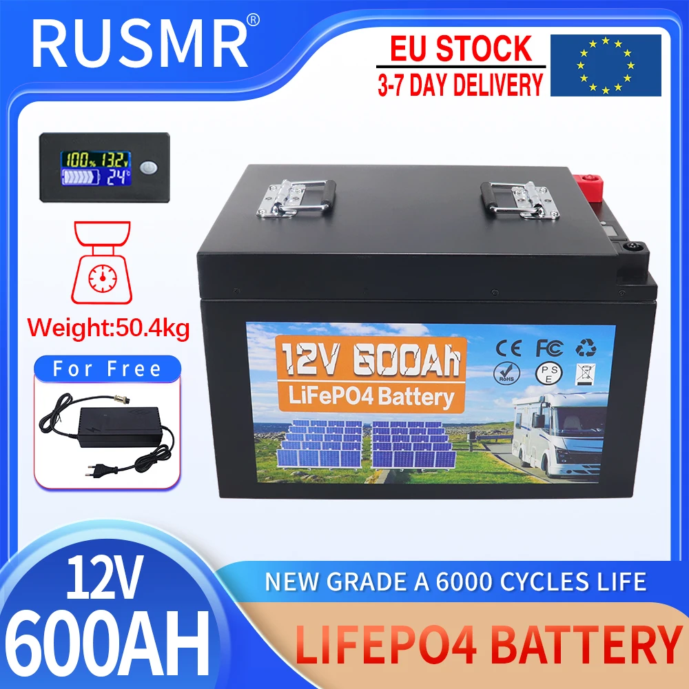 

12V LiFePO4 Battery Pack 600Ah 500Ah Built-in BMS Lithium Iron Phosphate Cells 6000 Cycles For Golf Cart Solar Storage + Charger