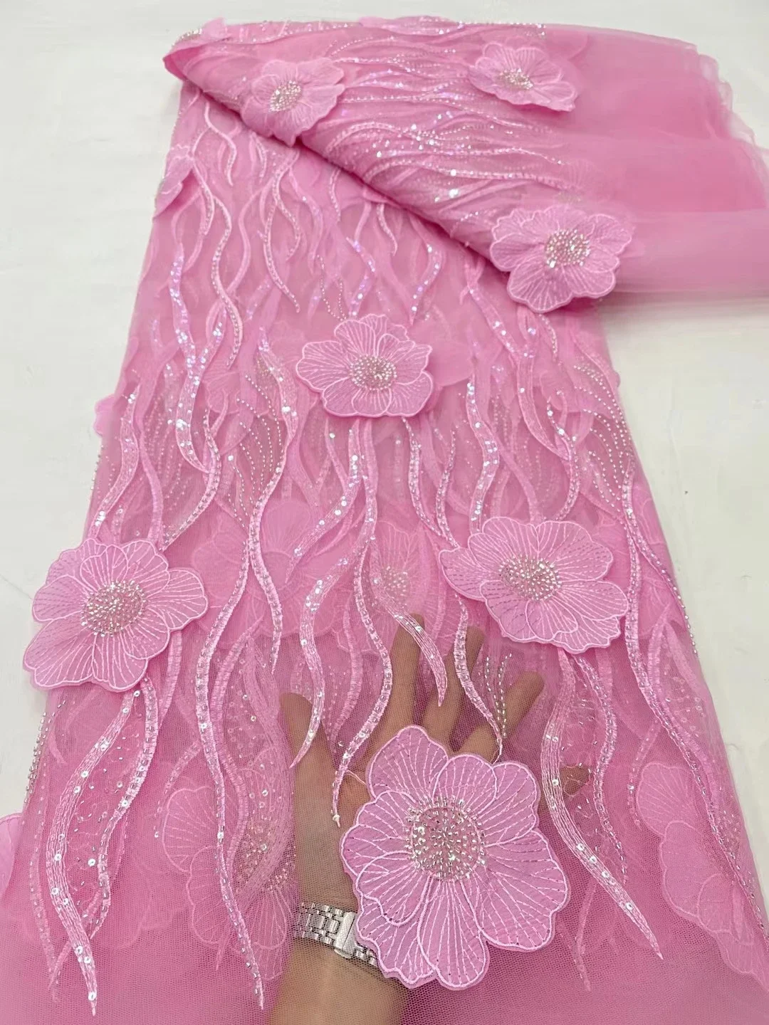 

New Design Pink 3D Flowers African Tulle Lace Fabric With Beads And Sequins French Nigerian Lace Fabric For Party Dress LDP24120