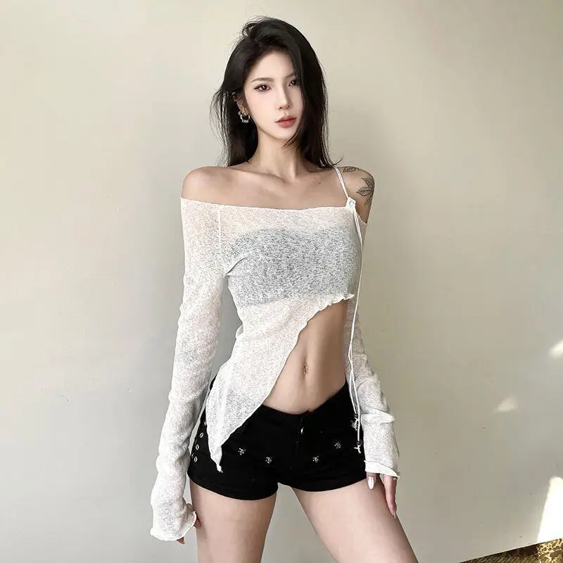 

Женская футболка из мягкого хлопка для весны и лета, повседневная, асимметричная, с открытыми плечами, оборками, полупрозрачная, облегающая, однотонная