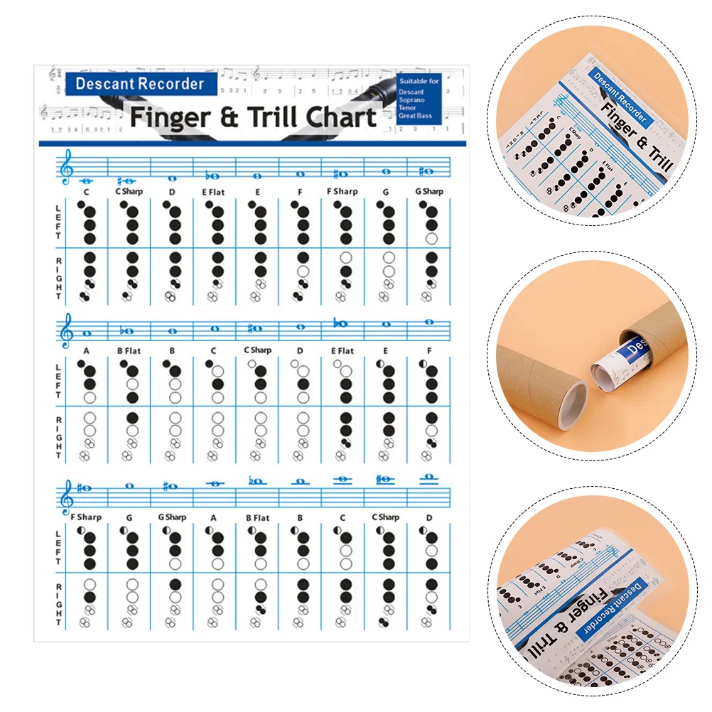 Tabla de dedos para clarinete bajo, grabadora de 8 agujeros, notas de práctica, póster de acordes para estudiantes, accesorios de flauta, papel recubierto
