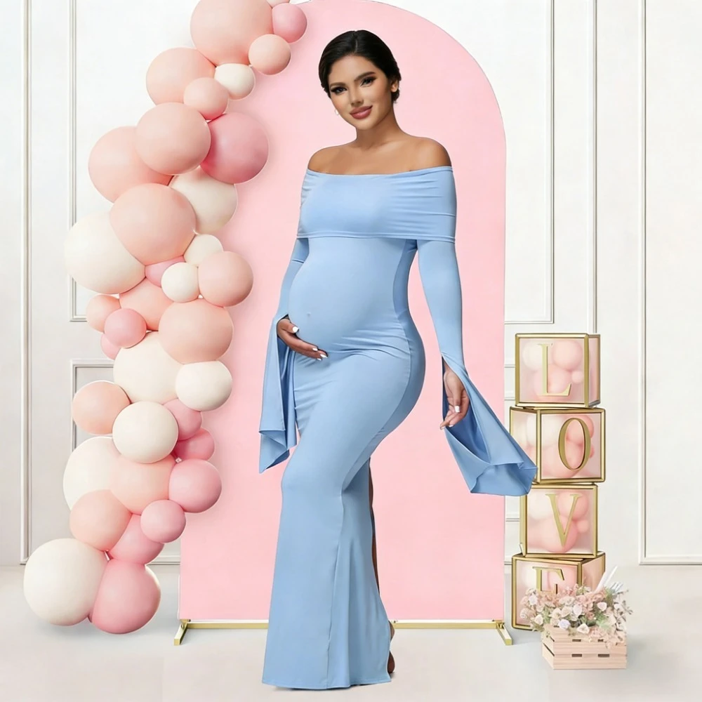 Women Maternity Dresses for Photoshoot Sexy Off Shoulder Long Sleeve Bodycon Pregnancy Baby Shower Maxi Gown