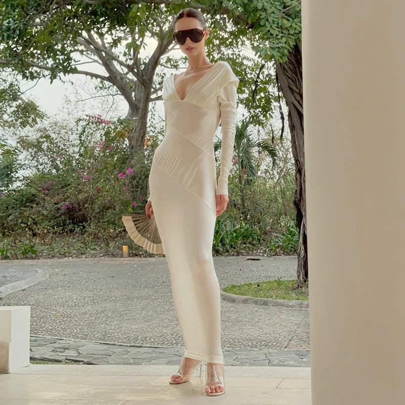 Seksowna europejsko-amerykańska sukienka maxi z dekoltem w serek, długim rękawem, dopasowanym krojem, wysokim stanem i jednolitym kolorem dla kobiet.