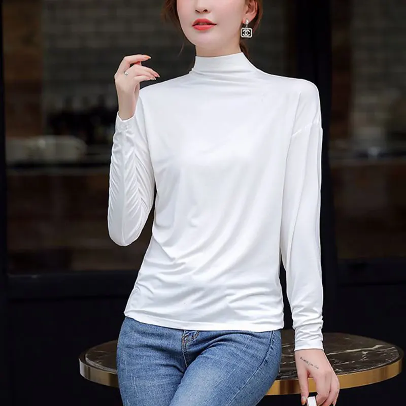 Women's Turtleneck Long Sleeve T-Shirt, Monochromatic, Simplicity, Office Clothes, All-match, Casual Tops, Autumn Fashion