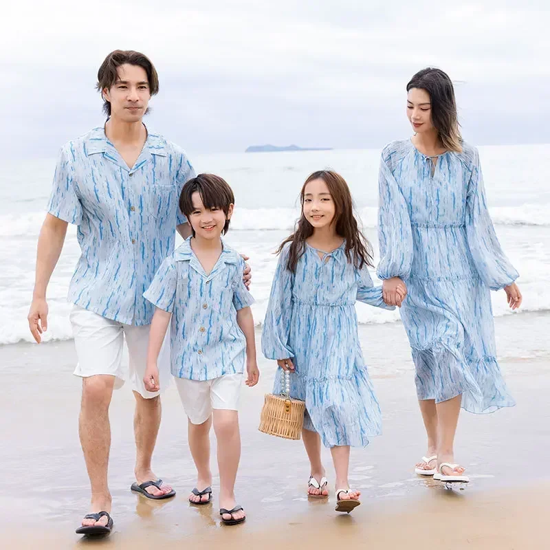 2025 Family Matching Like Mother Daughter Dresses Dad Son Shirts SetBlue Clothes Mom and Baby Girl Polynesian Dress Long Sleeve