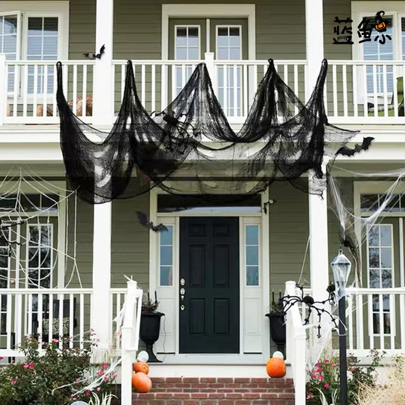 Halloween Black Grid Yarn Cloth Outdoor Hanging Ornament Haunted House Horror Props Halloween Festival Party Decoration For Home