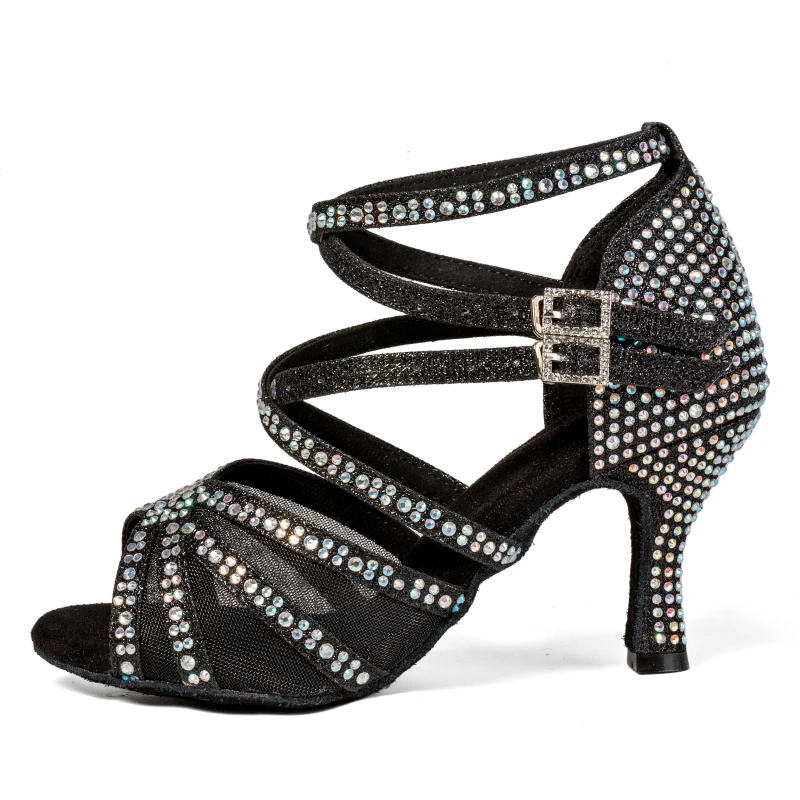Sepatu Dansa Latin 2025 Sepatu Dansa Bersol Lembut Bertabur Berlian Hitam 7.5Cm Hak Sedang Wanita Dewasa Baru
