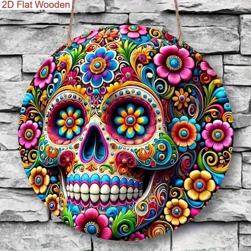 2D Flat 1pc Vibrant Grim Reaper Sugar Skull Wooden Sign - Colorful Floral Design, Classic Home Decor Accent, No Power Required,