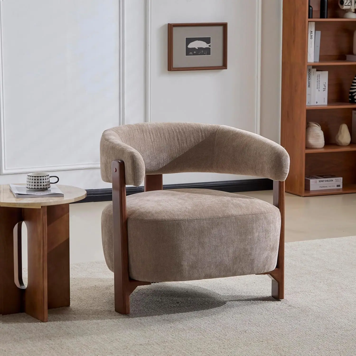 

Zax Modern Accent Chair, Upholstered Lounge Chair with Wooden Frame, 3-Leg Design, Light Brown+Walnut