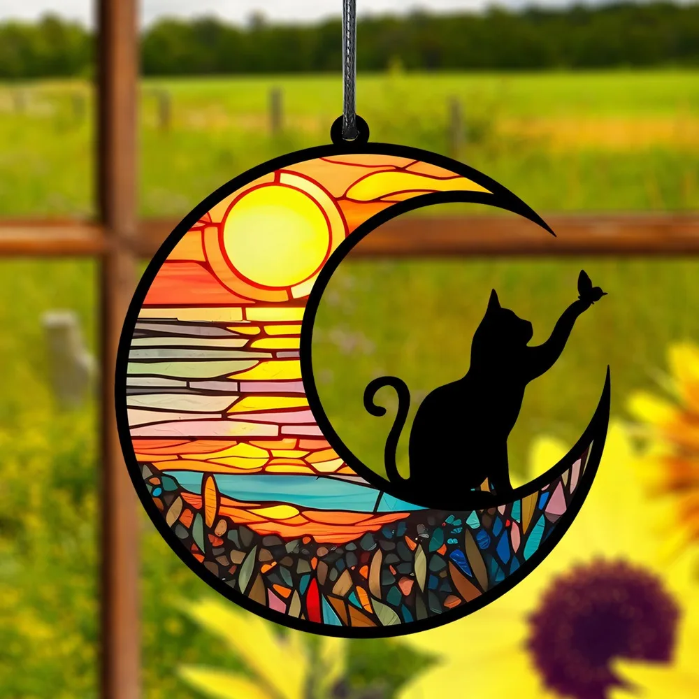 Cute Cat Listing Hanging Ornament Acrylic Decor Decorate Wall Moon Pendant Decoration Window Home Garden Decorations Wall Art