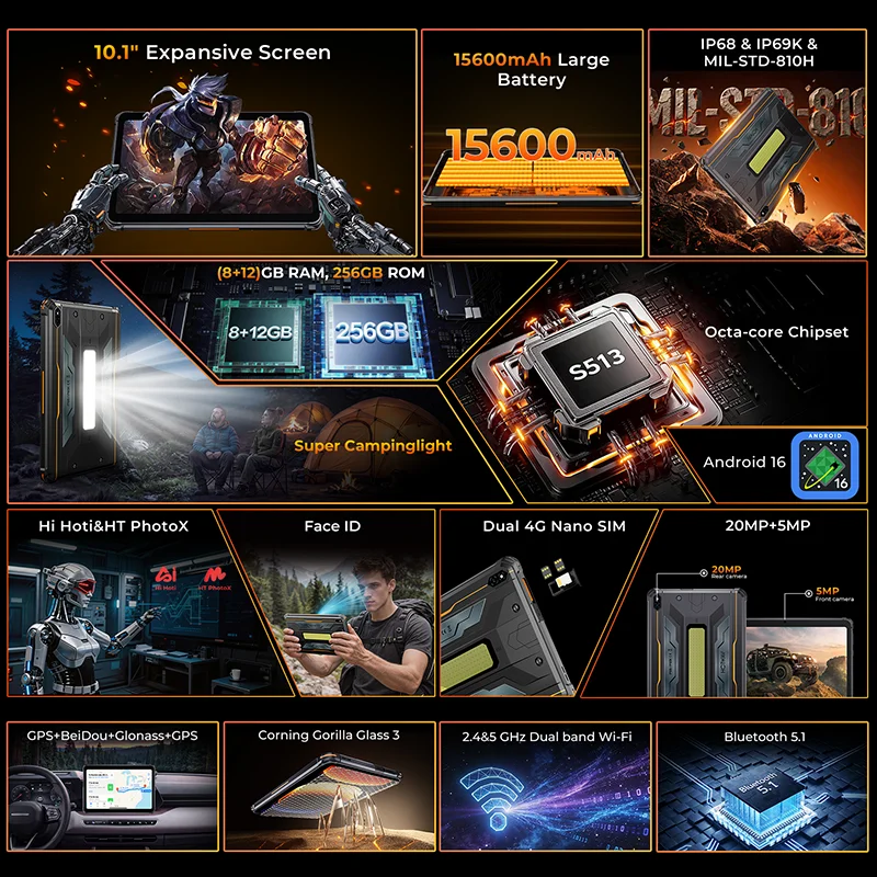 HOTWAV R7 Pro Rugged Tablet 10.1'' HD+ 120Hz 15600mAh Pad Android 16 8GB 256GB Camera Global 4G Tablet PC Super Campinglight