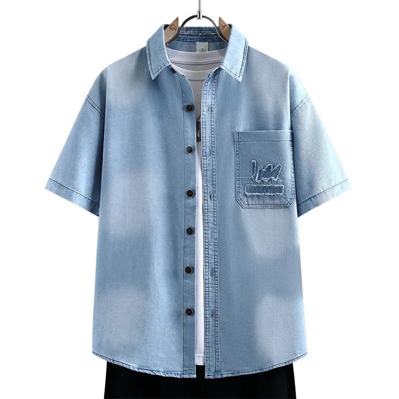 

Men's Thin Denim Shirt New Summer Fashion Breathable Cotton Blend Casual Short Sleeve Shirt Solid Color Daily Commute Streetwear