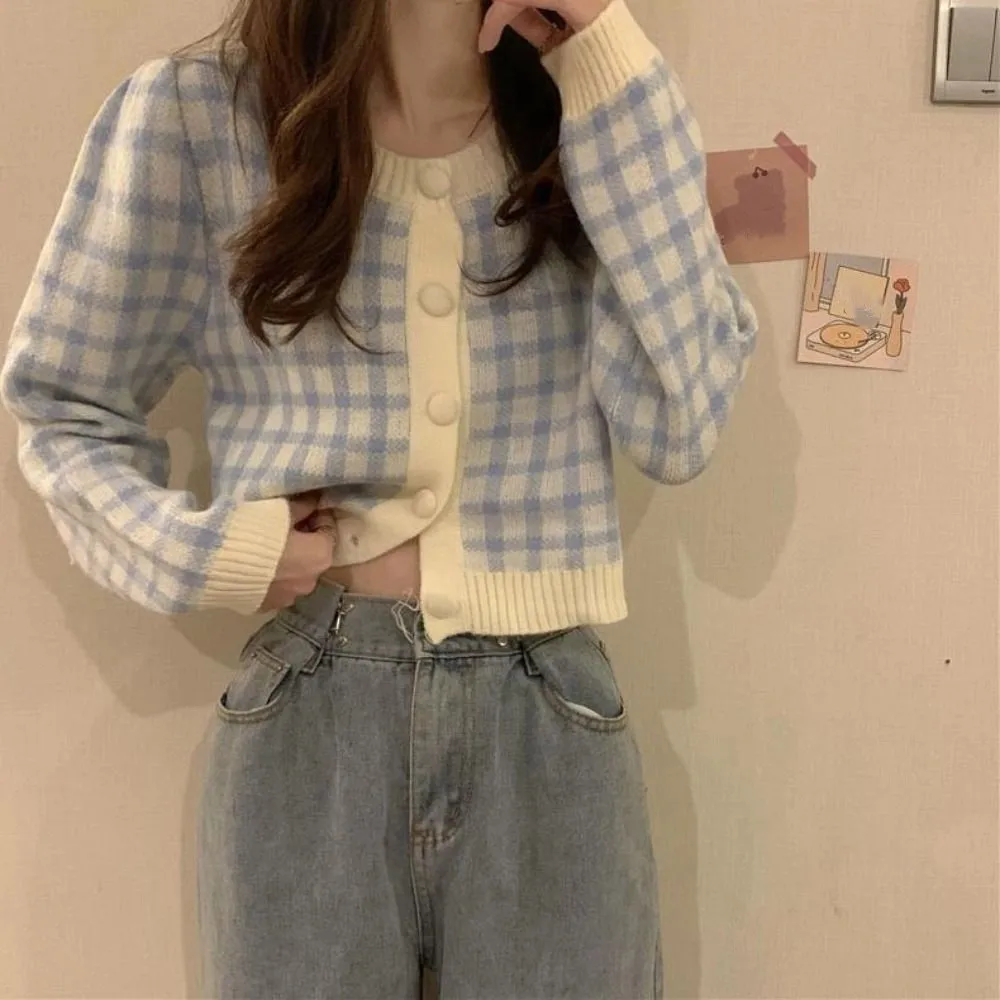 

Женские кардиганы свободного кроя с длинным рукавом, вязаные крючком, в клетку, для осени и весны, в стиле Y2K, преппи, укороченные топы, приталенные куртки