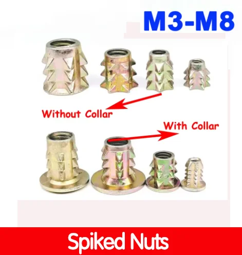 Collar & No-Collar Spiked Nuts M3 to M8 Wood Embedded Insert Nut Furniture Assembly Hardware