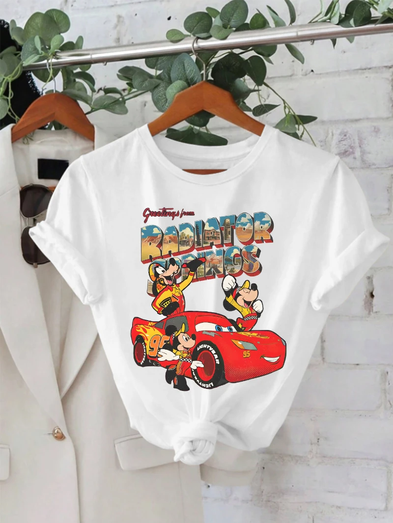 

Disney "Mickey Mouse and Minnie Mouse" Pattern Printed Lightning McQueen Round Neck Short Sleeve Women's T-shirt