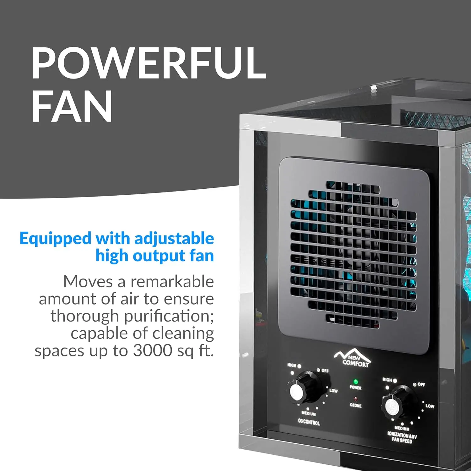 Ozone Generator Air Purifier Cleaner HEPA, Covers 3000 Feet, Acrylic, Home or Commercial Use, Adjustable, Powerful Fan
