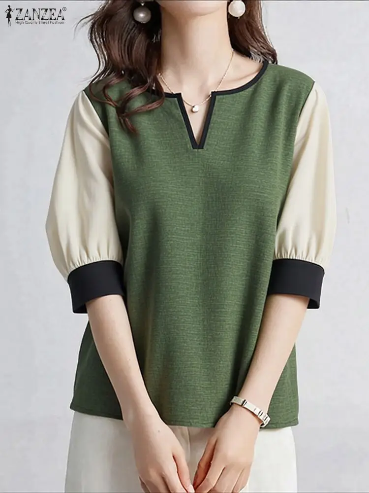 

ZANZEA Elegant Tunic Women Casual Korean Style Blusas Fashion Color Patchwork Blouse 2025 Spring Half Sleeve V Neck Tops S-3XL