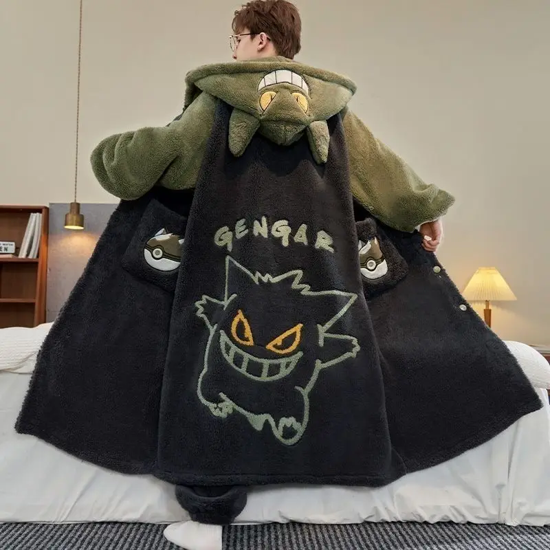 Conjunto de Pijama de Franela Gruesa para Hombre con Estampado de Panda, Talla Grande, Bata con Capucha y Bolsillos con Forma de Pata, Ropa de Dormir Cálida y Suave de Forro Polar