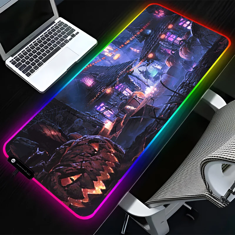 

RGB LED Mouse Pad Rubber Anime Mousepad Computer Gaming Accessories Keyboard Pad Office Non Slip Desk Halloween Night Mouse Mat