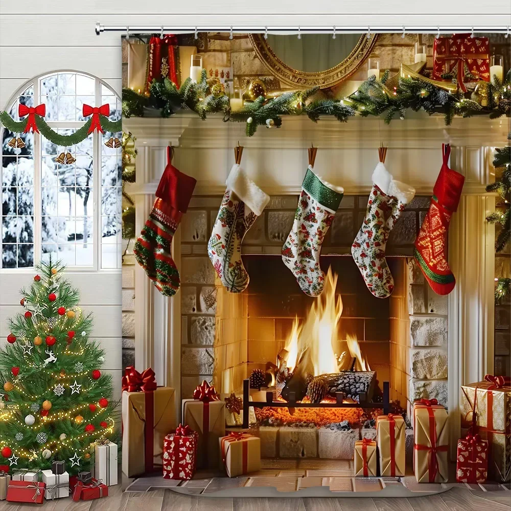 

Christmas Shower Curtain Xmas Tree Winter Gift Landscape Squirrel Fireplace Socks Home Polyester Fabric Bathroom Decor Curtain