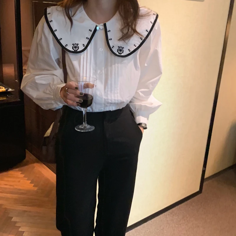 

Spring French Temperament Chic Top Retro Hong Kong Style Doll Collar White Shirt Women's Design Sense Niche Chiffon Shirt