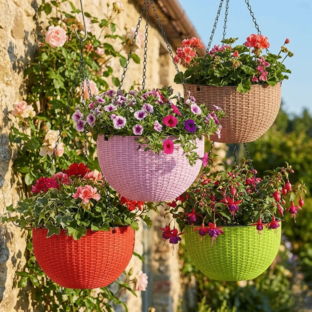 Plastic Imitation Rattan Hanging Pot Stackable European Style Plant Hanging Basket Self Absorbing Water with Chain