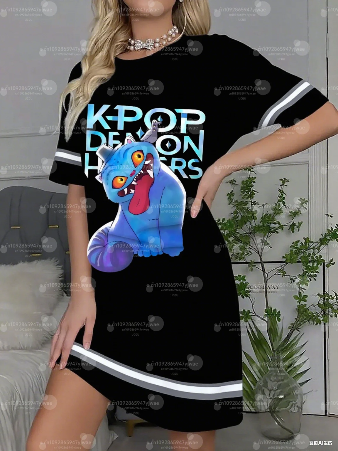Kpop Demon Hunter print T-Shirt Dress Loose Casual  O-Neck Lady Short Sleeve Pullover nightDresses Women Clothing