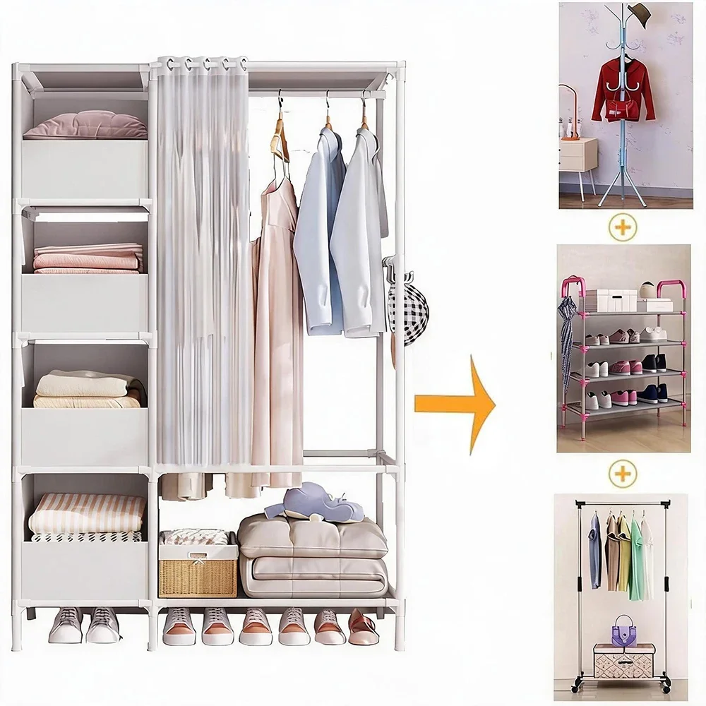 Armadio, guardaroba portatile per appartamento, strumento per la pulizia, montaggio senza attrezzi, tessuto traspirante e antipolvere, con 4 contenitori in tessuto, ideale per camera da letto,