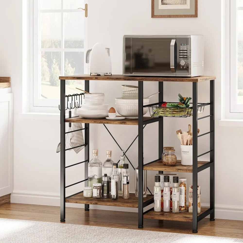 جزيرة المطبخ الصناعية العتيقة مع أرفف تخزين وحامل ميكروويف و6 خطافات - سهلة التجميع، إطار معدني متين #2