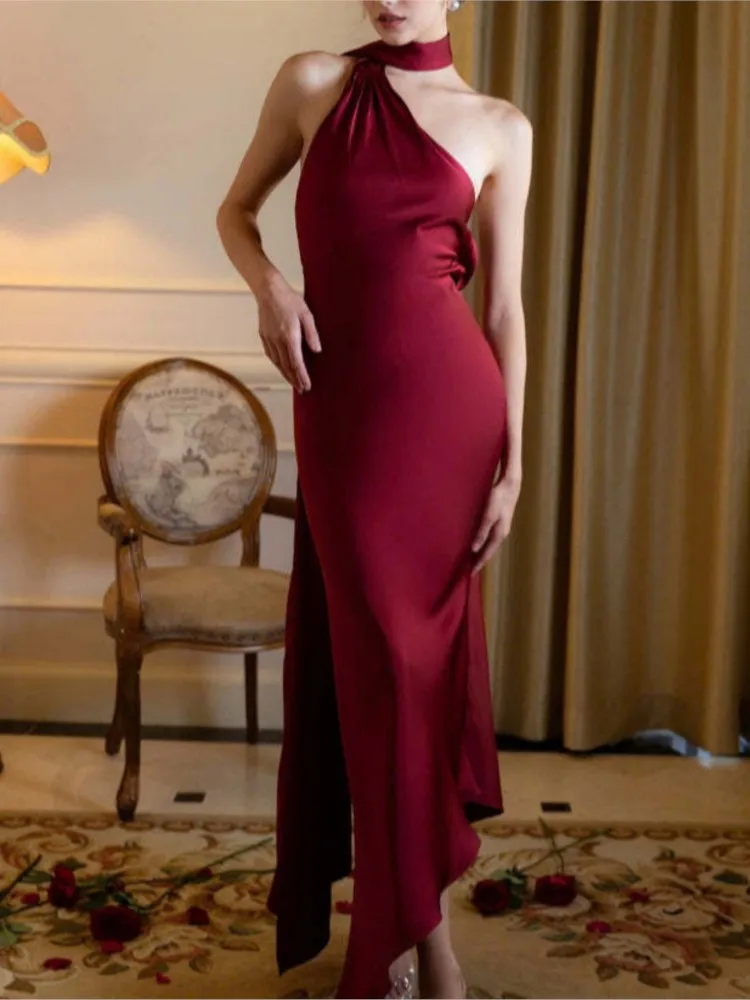 

Dresses 2025 Woman French Sexy Backless Vestidos Halterneck Banquet Evening Dress Solid Color Simple Style Temperament Elegant