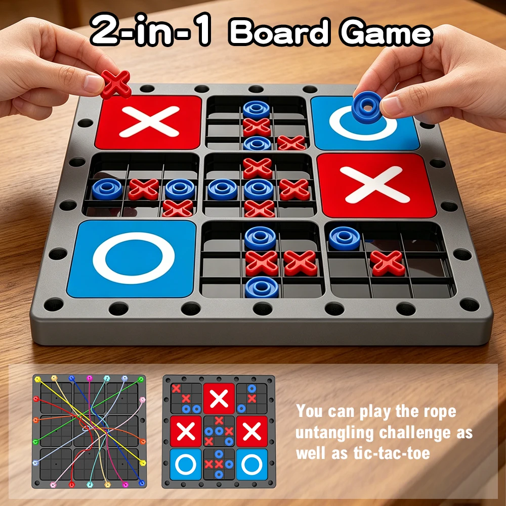 Children 2-in-1 Rope Untangling & Tic Tac Toe Board Game Kids Educational Puzzle Toy Parent-Child Interactive Brain Training Gam