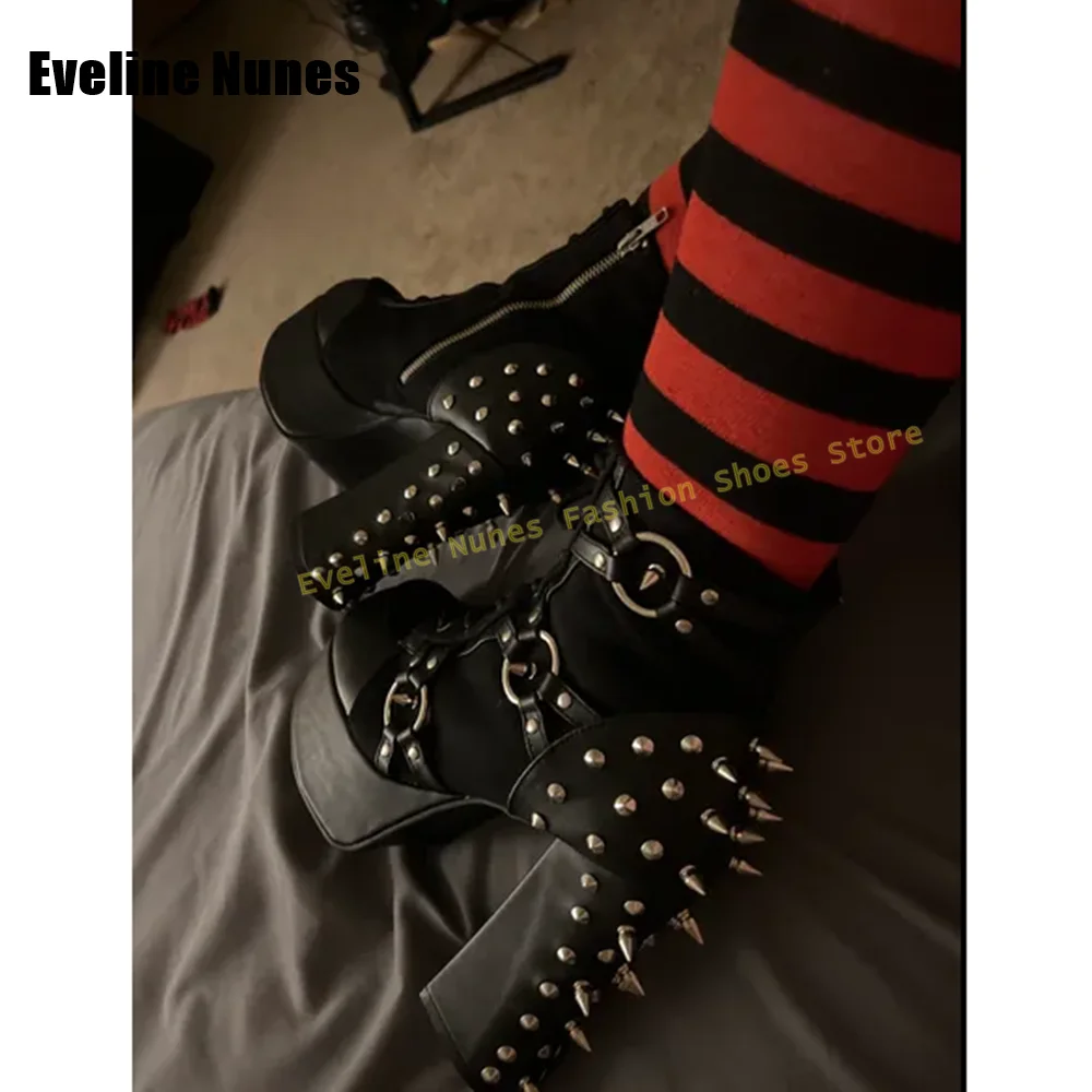 

Metal Rivet Platform Motorcycle Boots 2026 Punk New Arrivals Round Toe Block Heels Belt Buckle Lace Up Y2K Cosplay Ankle Boots