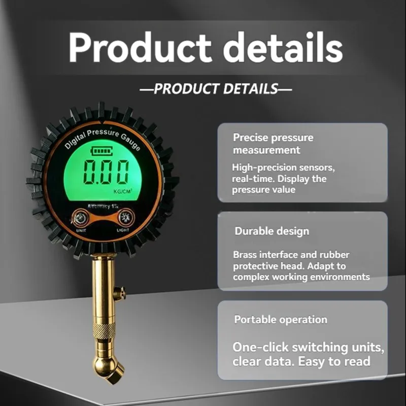 A69egreen Backlight Automotive Digital Tire Pressure Gauge, Brass Material, 0-250 PSI Range Meter
