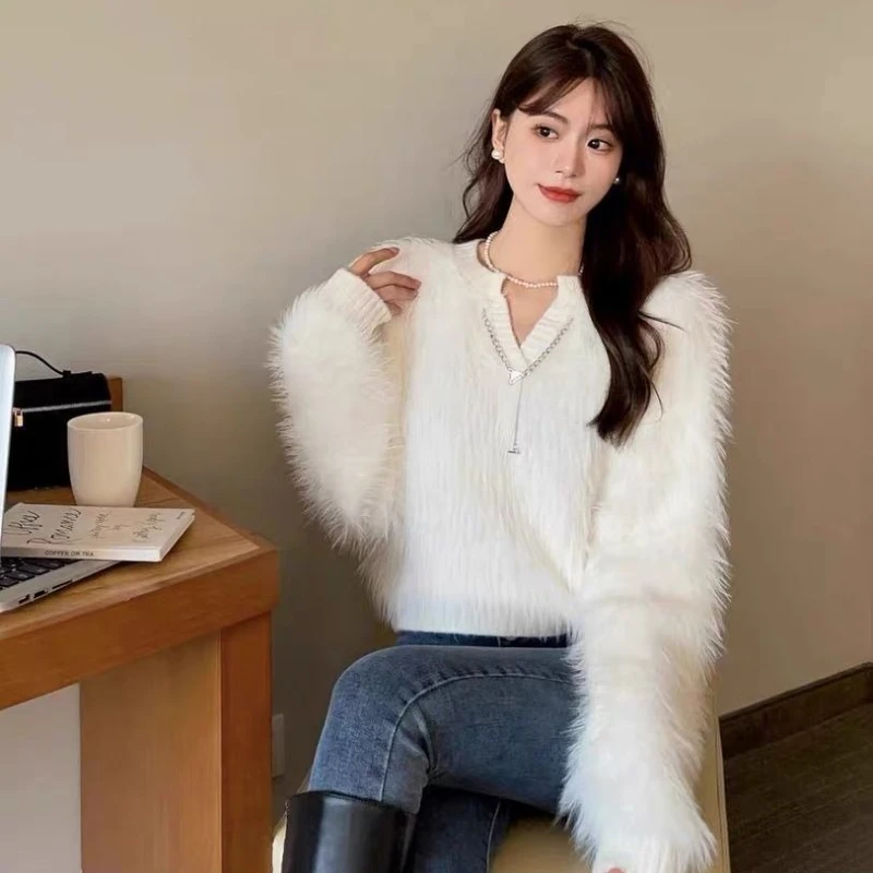 여성용 브이넥 니트 스웨터 긴 소매 오리지널 패션 2025 일본 스타일 의류 퍼플 여성 풀오버