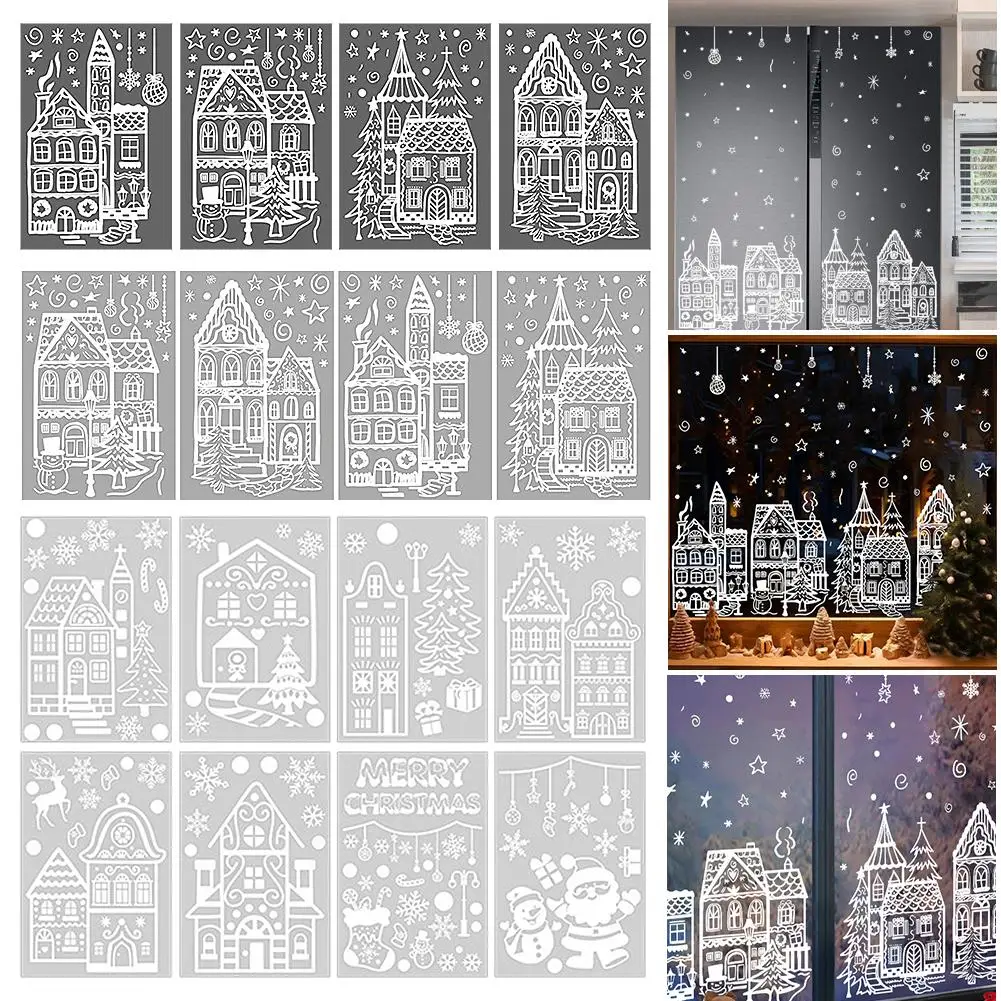4 Blatt/Set Weihnachten Schnee Nacht Schloss Fensteraufkleber Winter Schneemann Schneeflocke Fenster Elektrostatische Aufkleber 2025 Weihnachten