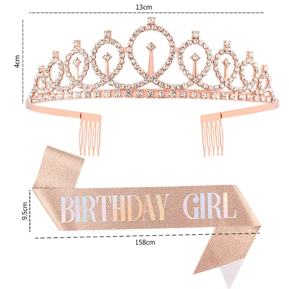 Rhinestone Birthday Girl Tiara Crown and Sash Glitter Birthday Girl Sash Gift for Girls Happy Birthday Party Decoration Supplies