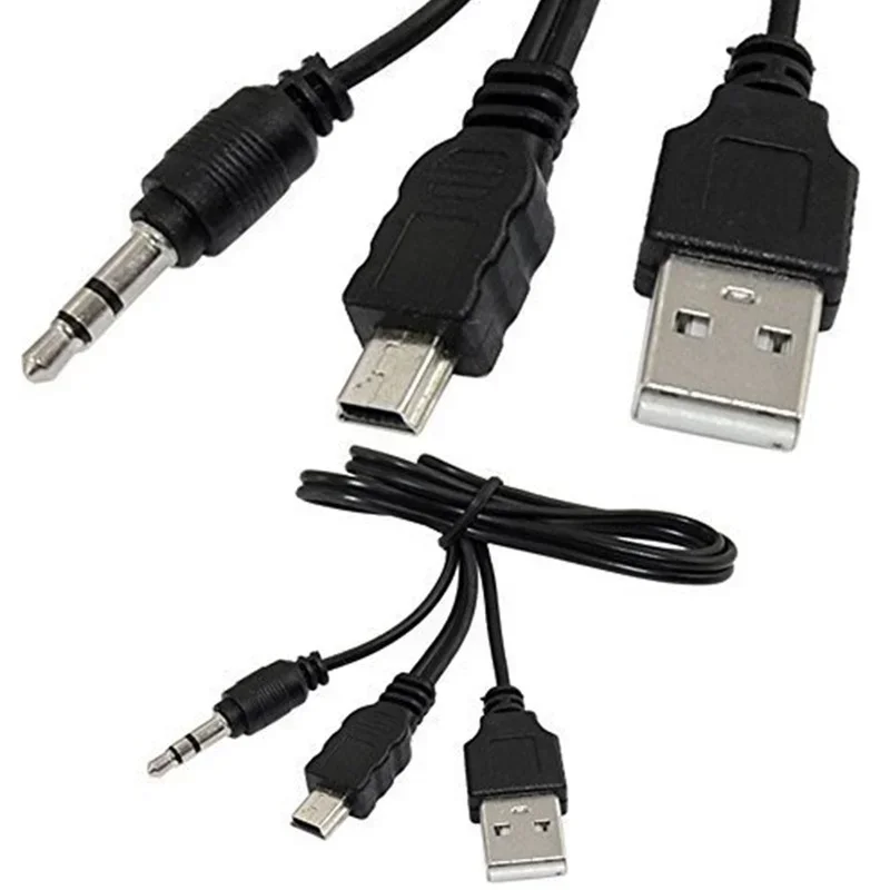 คุณภาพสูงสีดํา USB2.0 A ชายไปยัง Mini B ชาย + 3.5 มม.AUX 1 ถึง 2 Audio CableAdapter Charger สายเคเบิล 0.5m 1pcs